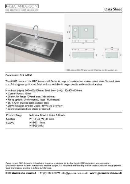 GEC Anderson Data Sheet - Series A sink: A1850