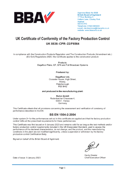 UK Certificate of Conformity of the Factory Production Control - UK 0836 CPR 22/F6564