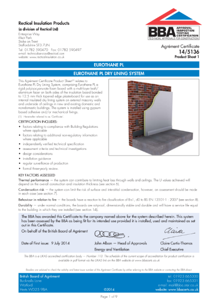 Certificate BBA 14/5136 Eurothane PL Dry Lining System