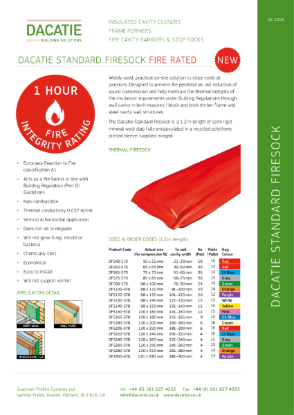 Fire Cavity Barrier - 1 Hour Fire  Integrity - Dacatie Firesock -  (20 to 300mm Cavities) Data Sheet