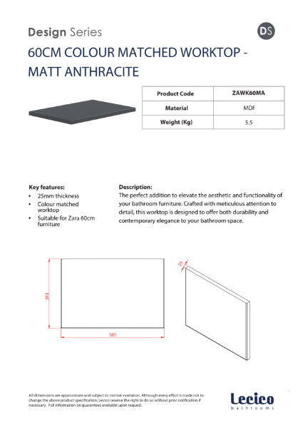 Zara 60 cm Width 18 mm Worktop - Matt Anthracite