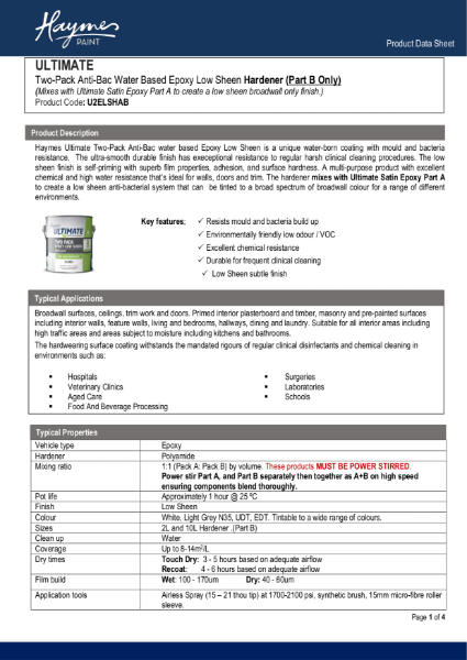 Two-Pack Anti-Bac Water Based Epoxy Low Sheen Hardener Product Data Sheet.