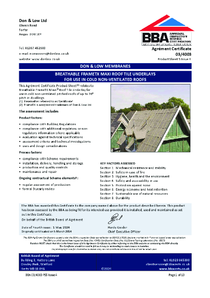 03-4003 Frame TX BBA Certificate in cold non-vent roofs Issue 4