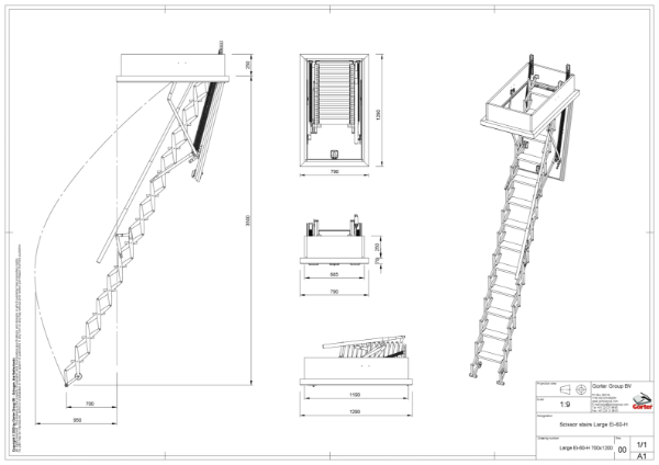 Gorter Scissor stairs – Large-H EI-60 700 x 1200 mm  – Ceiling height up to 3500 mm – Technical 2D Drawing