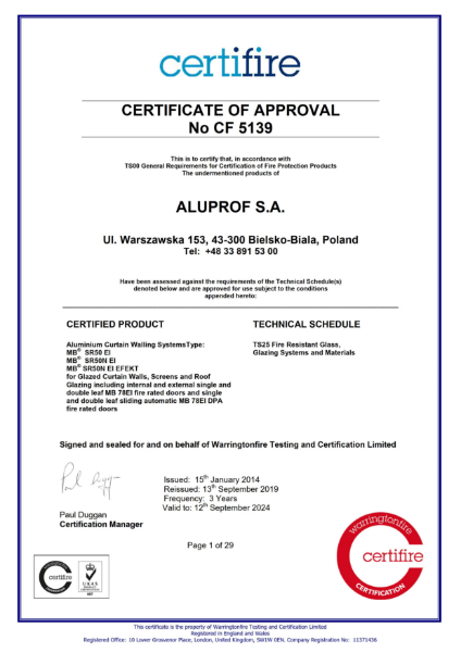 Aluprof MB-SR50N EI Certifire Certificate