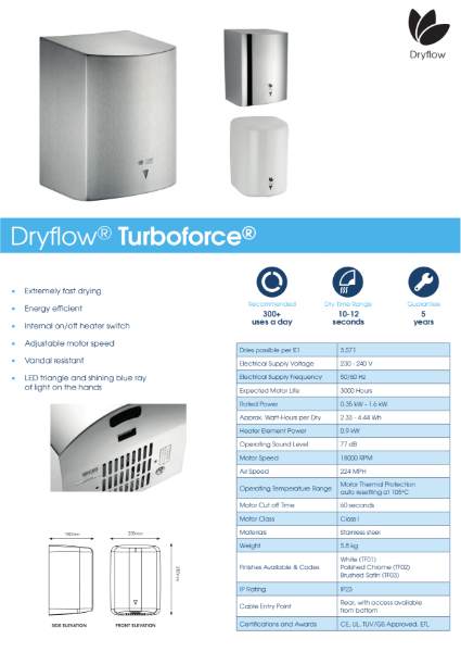 Hand Dryer Spec Sheet - Dryflow Turboforce Hand Dryer