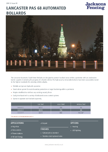 PAS 68 Automated Rising Bollards Spec Sheet