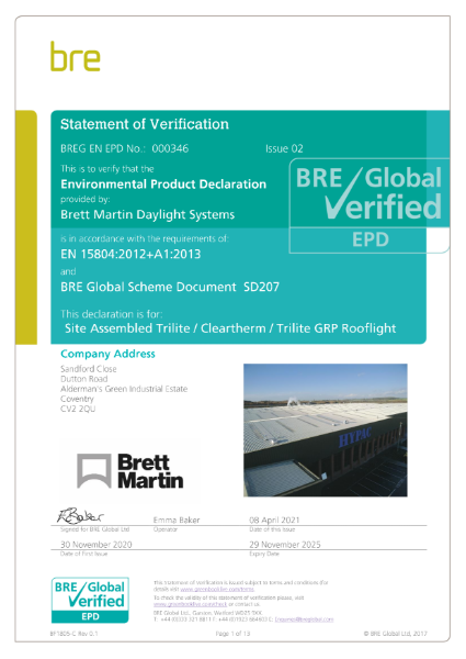 BRE EDP Certificate - Site Assembled Rooflights / Cleartherm / Trilite GRP