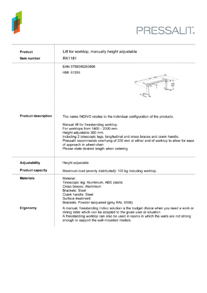 RK1181 - Freestanding lift for kitchen worktop, manually operated – Product Data Sheet