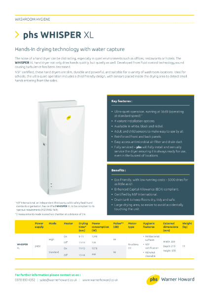 phs Whisper XL Spec Sheet