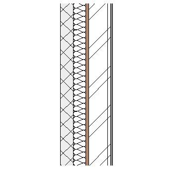 Concrete block cavity wall with steel frame, full fill insulation, particleboard and plasterboard lining