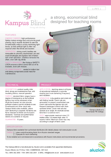 Aluzion Kampus Blind Specification and Data Sheet