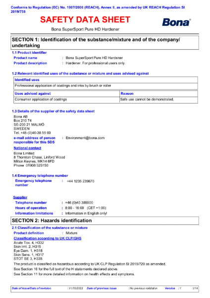 Bona SuperSport Pure HD Hardener - Safety Data Sheet