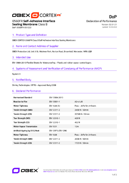 OBEX CORTEX 0560FR Self-Adhesive Interface Sealing Membrane DoP