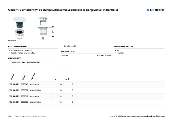 Geberit pohjaventtiili Datablad