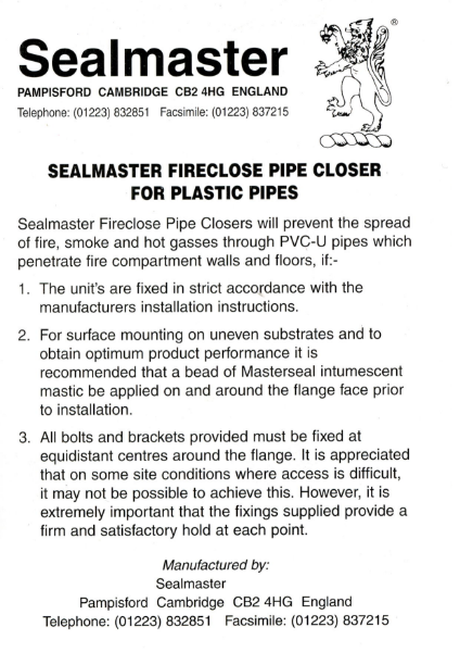 Sealmaster FireClose Application Guide