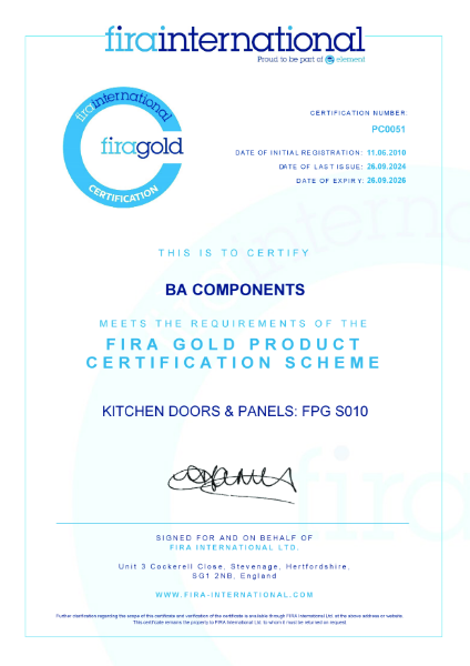 FIRA Gold Product Certification - Kitchen Doors and Panels