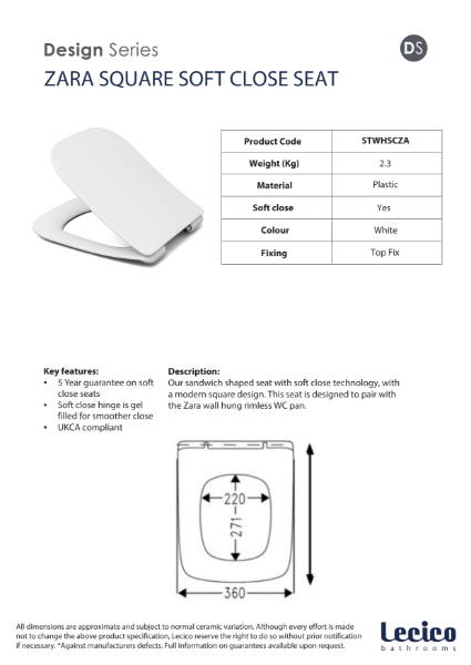 Zara Square Soft Close Seat for Zara Wall Hung Rimless WC Pan