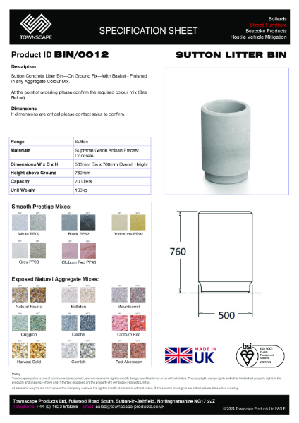 Townscape Sutton Litter Bin Specification Sheet BIN/0012