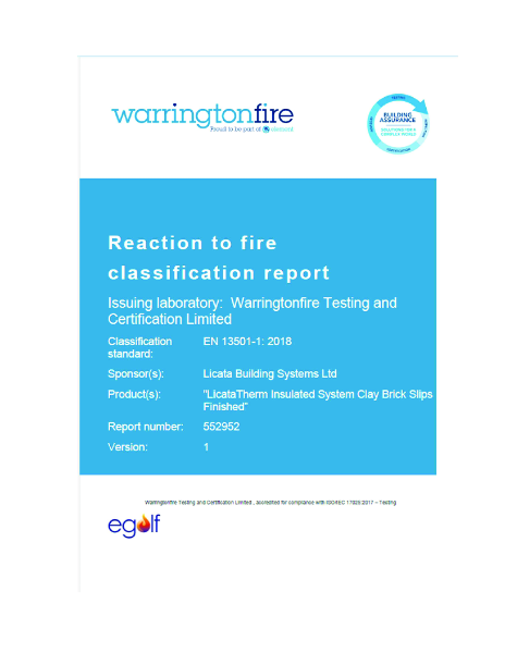Reaction to Fire Classification Report - Licata Therm Insulated System Clay Brick Slips - Warrington Fire