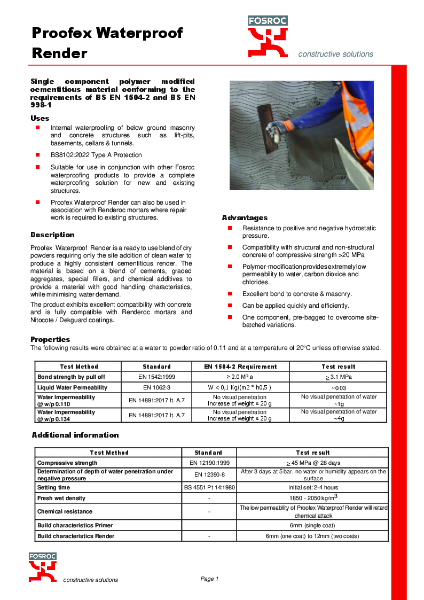 Proofex Waterproof Render - Technical Data Sheet