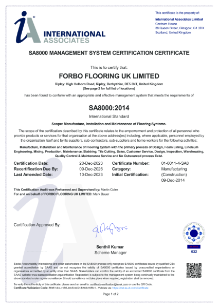 SA8000 Management System Certification Certificate