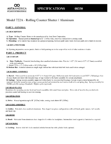 Model 722A Technical Specifications Aluminum