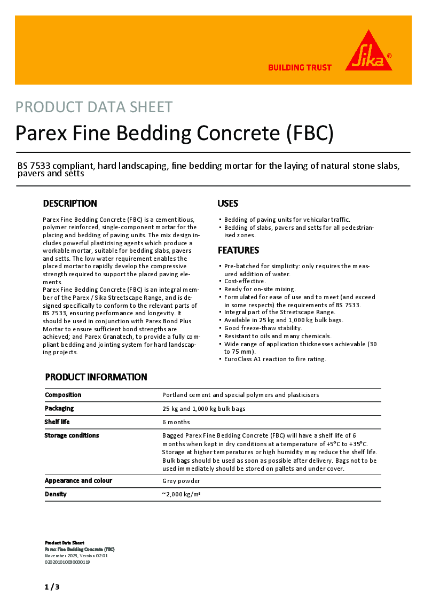 Parex Fine Bedding Concrete (FBC) - Product Data Sheet
