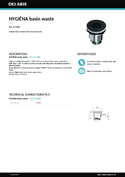 HYGIÉNA basin waste black 6110BK data sheet