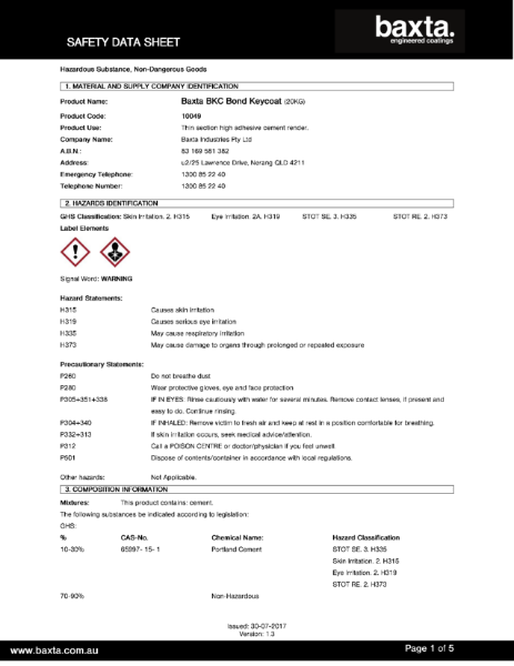 Baxta BKC Bond Keycoat safety data sheet.