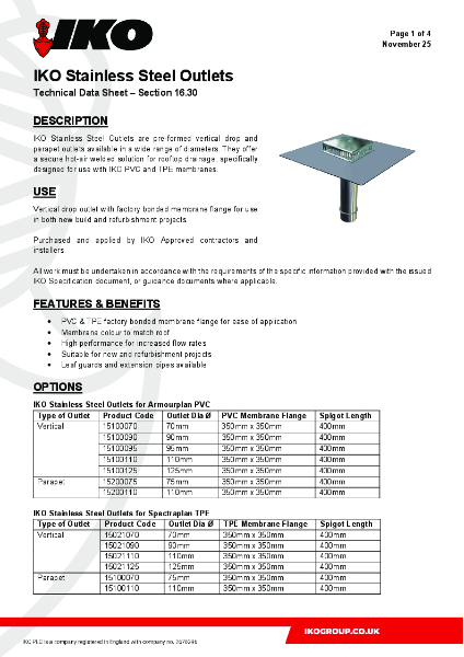Technical Data Sheet (TDS) - IKO Stainless Steel Outlets