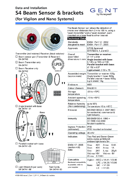Honeywell Gent S4-34740 Installation instructions