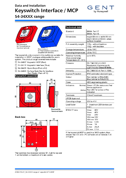 Honeywell Gent Key switch Manual Call Point Installation Instructions