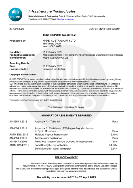 Mapelastic Smart AS 4654.1 Certification