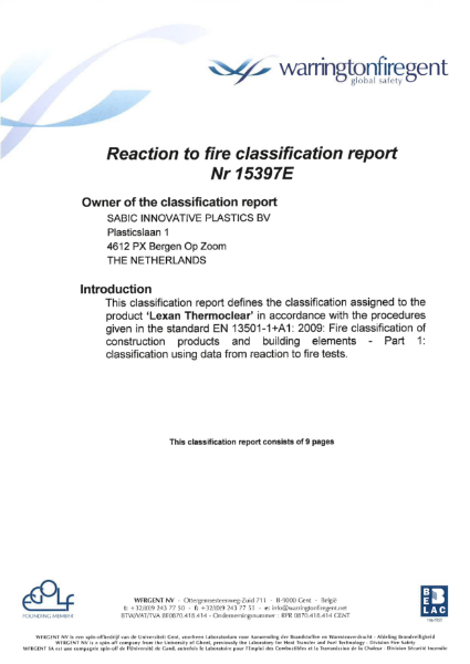 EN 1350-1 Reaction to Fire Classification Report for Lexan Thermoclear