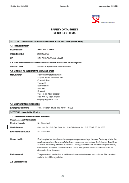 Renderoc HB45 Safety Datasheet