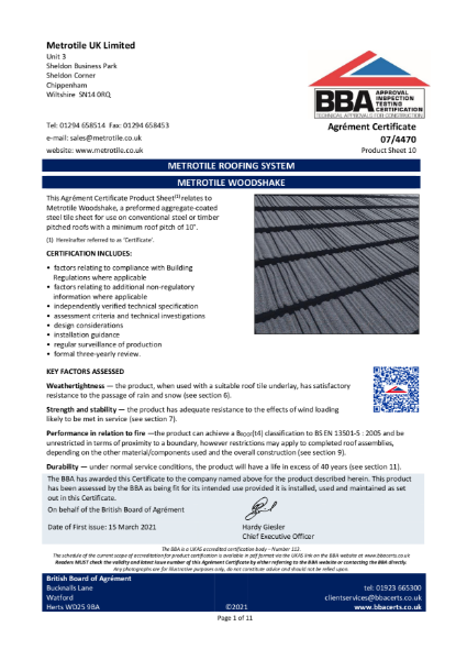 Metrotile Woodshake BBA Certificate