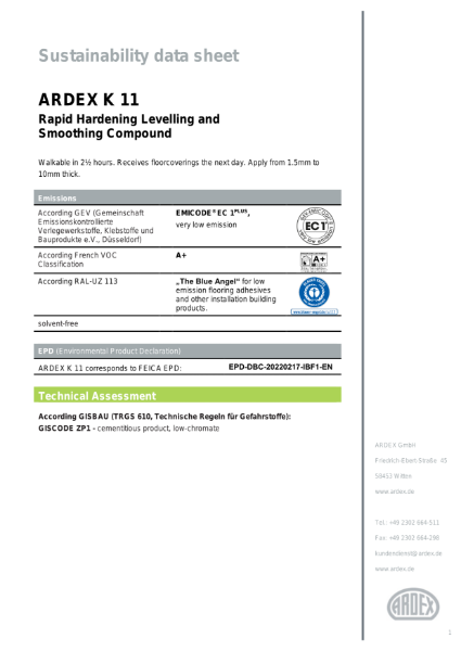 ARDEX K 11 Sustainability Data Sheet