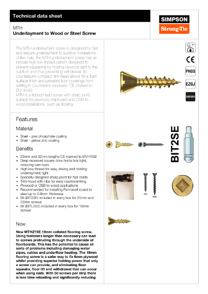 MTH: Underlayment to Wood or Steel Screw Technical Data Sheet