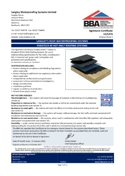 Paratech 40 Hot Melt BBA Certificate