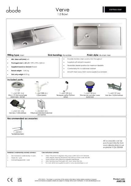 AW5136 Verve. Stainless Steel Inset Sink (Single Bowl) - Consumer Spec