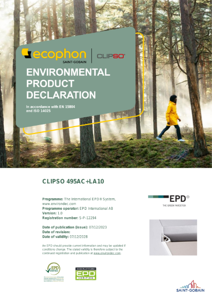Ecophon Clipso 495AC+LA10 - Environmental Product Declaration Certificate - 7th December 2028