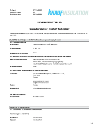 Glassullsprodukter - Sikkerhetsdatablad