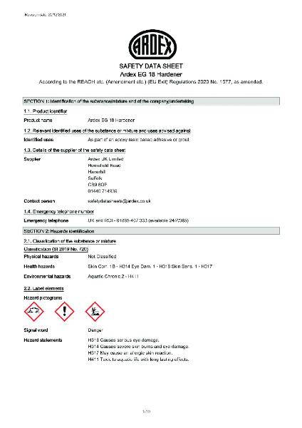 ARDEX EG 18 HARDENER Safety Data Sheet