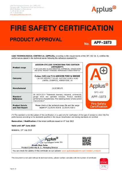 Adexon-CFC120E Concertina Fire Curtain (Integrity) - Certificate APF-1973 - SPC 102 -- EN 16034 -- Exp 25,06,30