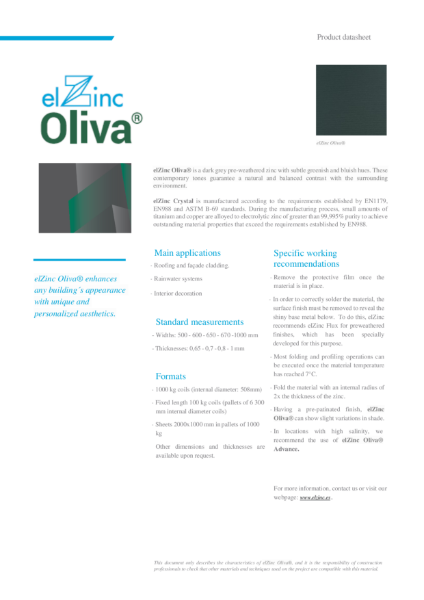 elZinc Olivia Pre-weathered Zinc Datasheet