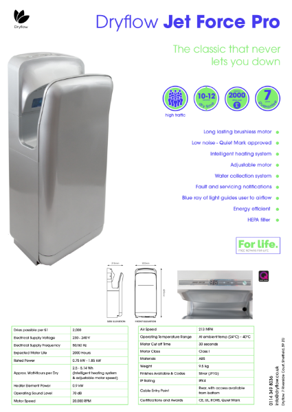 Hand Dryer Spec Sheet - Dryflow® Jet Force Pro HEPA Hand Dryer