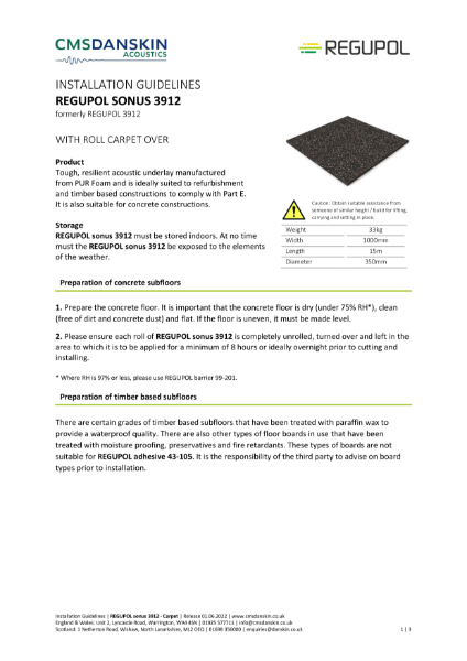 REGUPOL sonus 3912 Installation Guidelines with Carpet Roll over