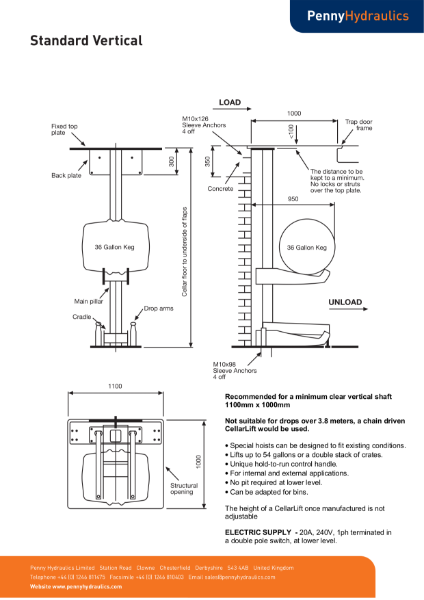 Standard Vertical Cellar Lift Technical Data Sheet
