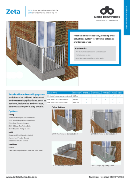 Zeta Z600/Z610 Linear Bar Railing System Data Sheet